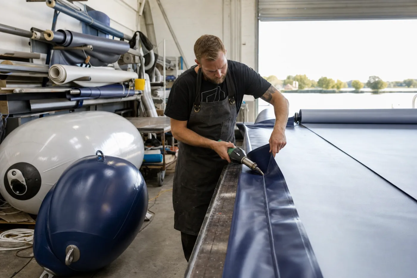 A fabricator welding a hypalon seam on a workshop bench